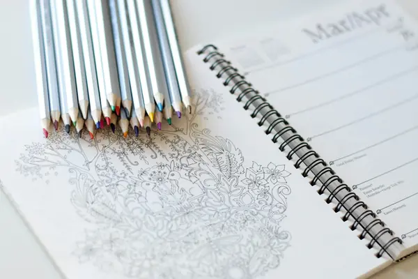 Coloured pencils resting on an illustrated colouring notebook