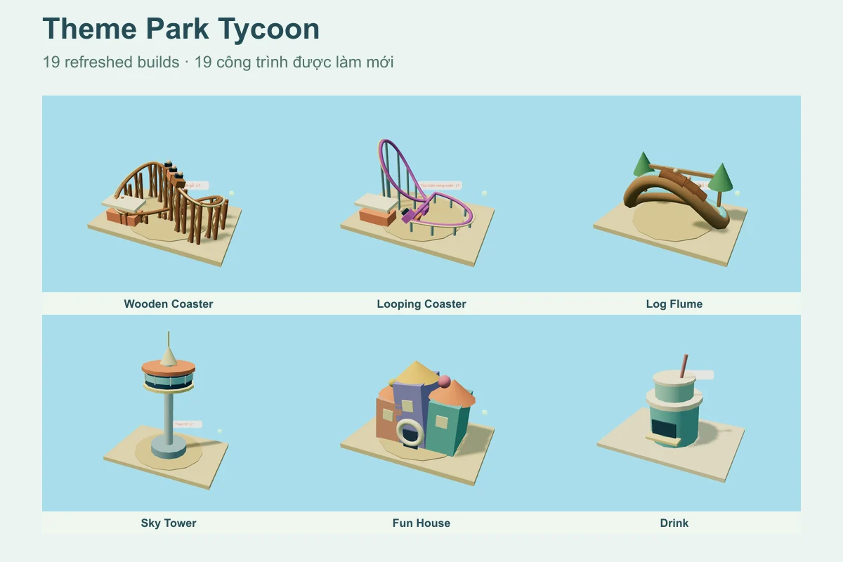 Six updated Theme Park Tycoon models: Wooden Coaster, Looping Coaster, Log Flume, Sky Tower, Fun House and Drink stand.